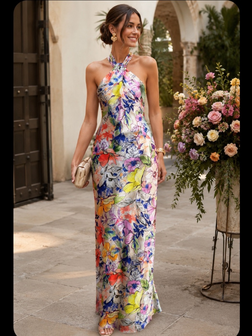 Adrianna Papell Floral Halter Neck Maxi Dress Satin Finish Size 12